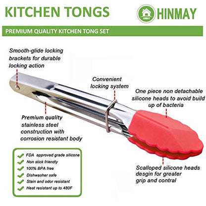 HINMAY 7-Inch Mini Tongs with Silicone Tips, Set of 3 (Green Red Blue) | 7-Inch Serving Tongs - color: Red Blue Green