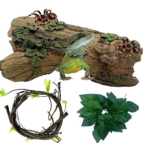 Resin Reptiles Hollow Tree Trunk Habitat Decor Reptile Log Hides Caves Bearded Dragon Hideout Cave Bark Habitats Decoration Gecko Hut for Lizard Chameleon Crested Gecko Snake Spider (3Pcs)