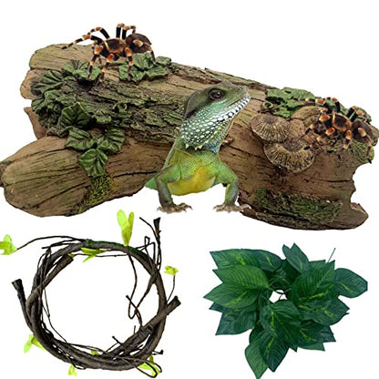 Resin Reptiles Hollow Tree Trunk Habitat Decor Reptile Log Hides Caves Bearded Dragon Hideout Cave Bark Habitats Decoration Gecko Hut for Lizard Chameleon Crested Gecko Snake Spider (3Pcs)