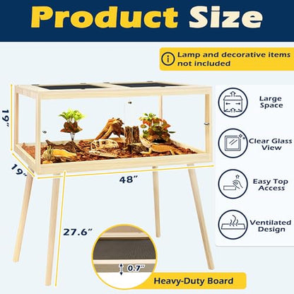 Bearded Dragon Tank with Leg, 80 Gallon Tempered Glass Lizard Tank, Reptile Enclosure with Metal Mesh and Lockable Door, Reptile Tank for Snakes,Chameleon (Oak, 48x19x19 Inch)