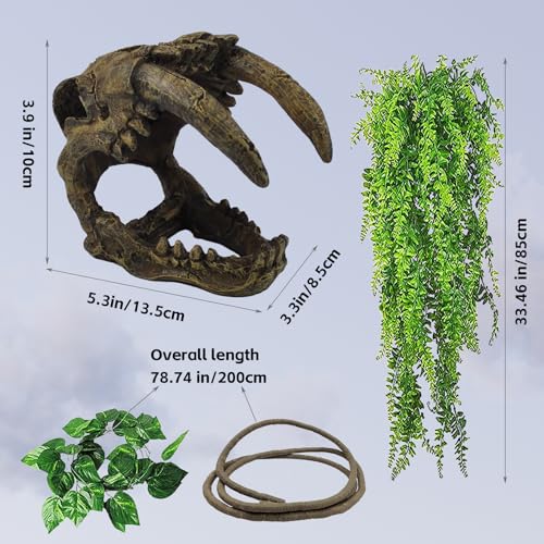 kathson Resin Sabertooth Tiger Skull Bearded Dragon Hideout Skull Reptile Jungle Climbing Vine Flexible Leaves Decor for Small Animals Leopard Gecko Lizard Chameleon Spider