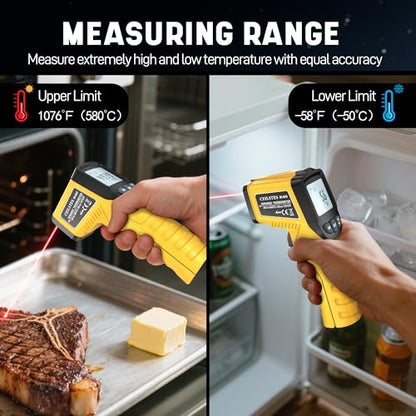 Infrared Thermometer Gun, Infrared Temperature Gun for Cooking, Laser Thermometer Gun -58℉~1076℉ with Adjustable Emissivity & Max/Min, Suitable for Industry, ovens, HVAC (Not for Human) - color: Yellow