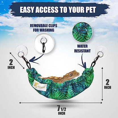 Crested Gecko Tank Accessories, Reptile Hammock, and Lizard Hammock (100% Polyester, 7.5 inches x 2 inches, one Suction Cups) Accessories Hide, Tie Dye, Blue Dots, Green Leaf, Gold Leaf