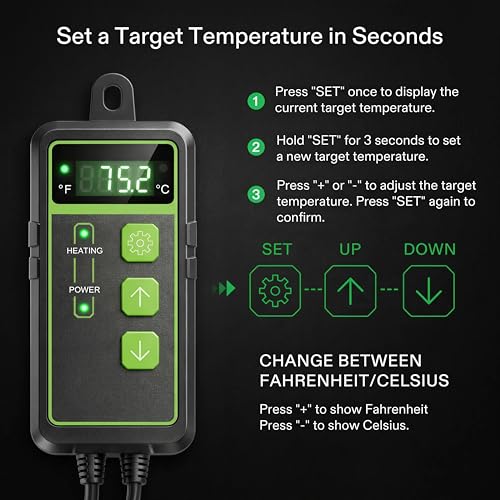 Digital Temperature Controller Thermostat, Heating & Cooling Outlet with LCD Touchscreen NTC Probe, 40–108°F, 110V for Reptile Tank, Seedling Heat Mat, Greenhouse, Fermentation
