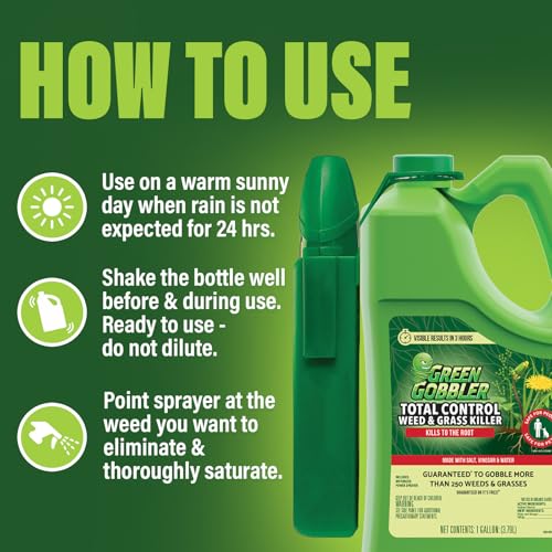 Green Gobbler Natural Total Control Weed & Grass Killer | Made with Concentrated Salt & Vinegar | Pet Safe | Kills to The Root | 1 Gallon with Battery Powered Spray Wand - size: 1 Gallon with Battery Sprayer