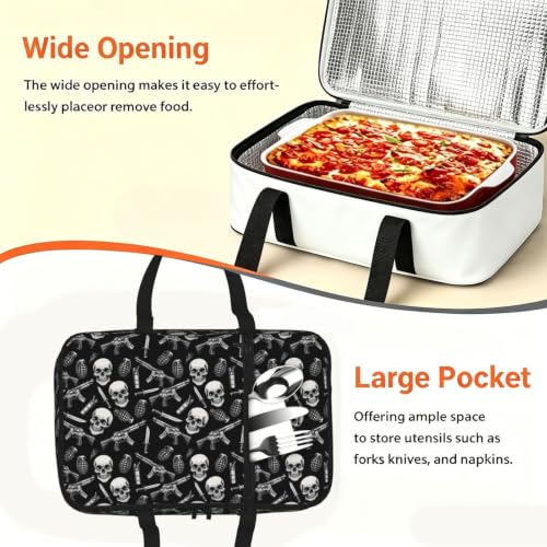 Casserole Carrier with Handles Urban Skull Print | Creative Monochrome Urban Mix Skull, Thermal Carrier with Handles Zipper Fits 9x13 Baking Dish Potluck BBQ Travel - color: Pattern (761)