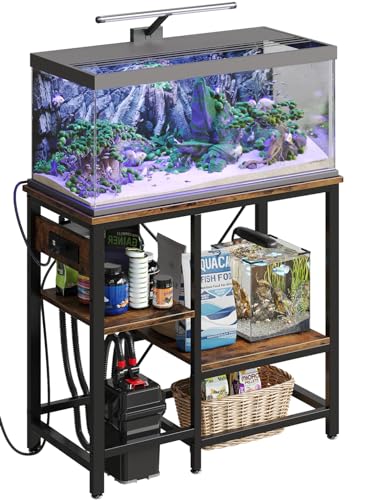 Bestier 20-29-37 Gal Fish Tank Stand with Power Outlet, Rustic Brown, 30x13 | 6-Leg Steel Frame, 3-Tier Adjustable Shelves for Filters Storage, 400Lbs Capacity, 5-In-1 Power Outlet, 4 Leveling Feet - color: Rustic Brown, size: 20-37 Gallon