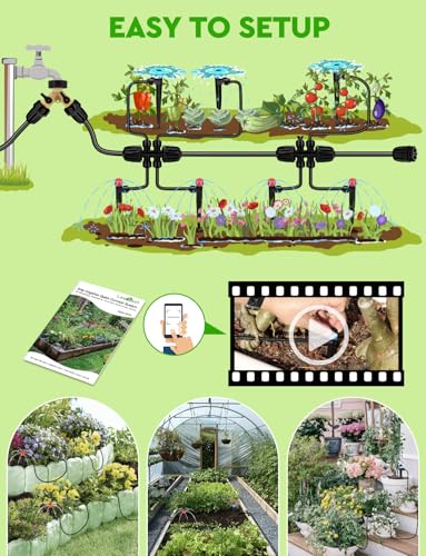 250FT Drip Irrigation System for Garden - 50FT 1/2" Main Tube & 200FT 1/4" Branch Tubing, Brass Splitter, Quick Connect Design, Perfect for Outdoor Plants, Raised Beds, Greenhouses - size: 250 FT