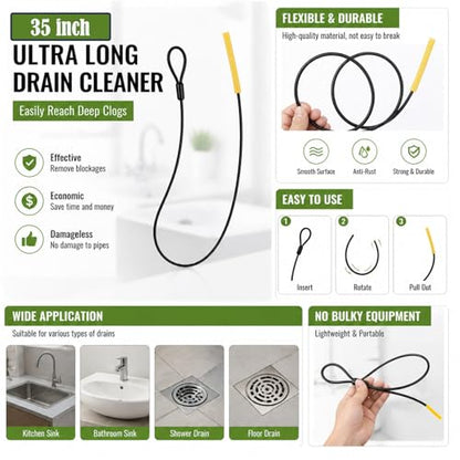 Drain Snake Hair Drain Clog Remover 35 Inch, 5 Pack Reusable Sink Snake Drain Hair Remover Tool, Anti-Break Metal Plumbing Snake Drain Cleaner for Bathroom, Bathtub, Shower, Kitchen Sink