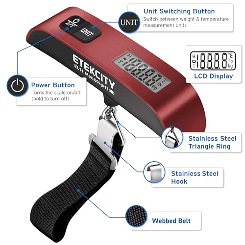 Etekcity Luggage Scale, Digital Weight Scales for Travel Accessories Essentials Suitcases , Portable Handheld Scale with Temperature Sensor, Rubber Paint, 110 Pounds, Battery Included | Travel Essentials, Air Travel, Suitcase, Hanging Hook, Rubber Grip, B