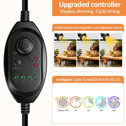 Reptile Heat Lamp, Heating Lamp for Reptiles with UVA UVB,2H,4H,8H,10H Cycle Timing&Stepless Dimming Adjustment Basking Light for Turtle, Bearded Dragon, Lizard and More, 2 Bulbs