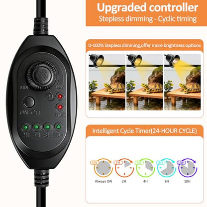 Reptile Heat Lamp, Heating Lamp for Reptiles with UVA UVB,2H,4H,8H,10H Cycle Timing&Stepless Dimming Adjustment Basking Light for Turtle, Bearded Dragon, Lizard and More, 2 Bulbs