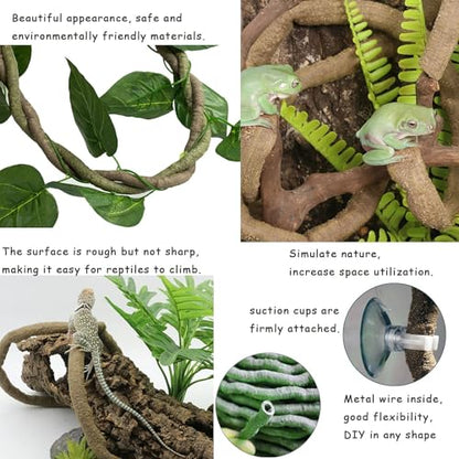 kathson Lizard Coco Den with Ladder, Reptile Hideouts Gecko Coconut Husk Hut with Artificial Bendable Jungle Climbing Vines for Chameleon, Lizards, Gecko, Snakes