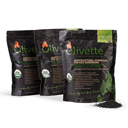 OLIVETTE Organic Biochar Activated Charcoal for Plants, 3 Bags | USDA Horticultural Charcoal, Moisture Control For Terrariums & Potted Plants, Biochar Soil Additive For Gardening - size: 3 Bags