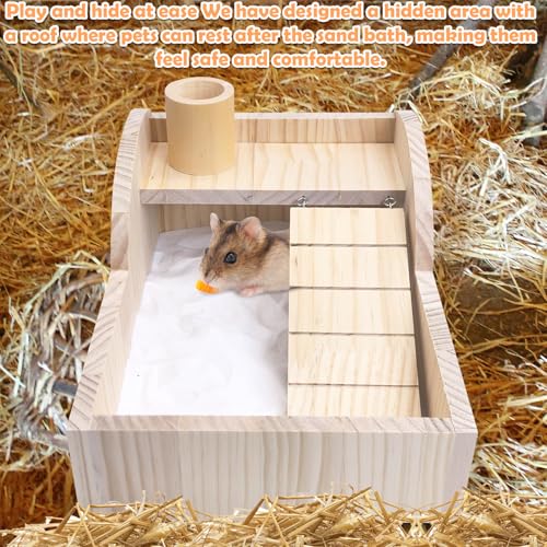 PINVNBY Hamster Sand Bath Box Wooden Small Animals Shower Room & Digging Sand Bath Container with Bowl for Dwarf Syrian Mice Mouse Gerbil and Other Small Animals
