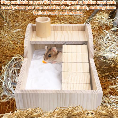PINVNBY Hamster Sand Bath Box Wooden Small Animals Shower Room & Digging Sand Bath Container with Bowl for Dwarf Syrian Mice Mouse Gerbil and Other Small Animals