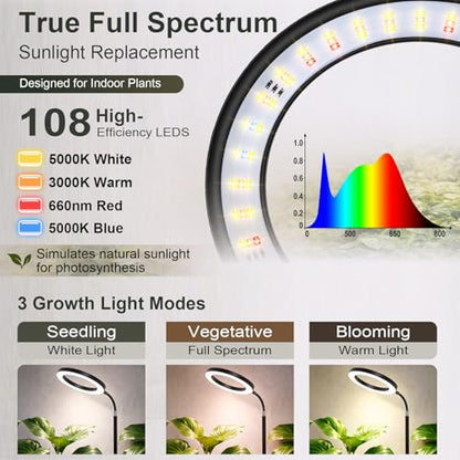 LBW Grow Light with Stand for Indoor Plants, 8" Halo Full Spectrum Grow Light, Adjustable Height up to 68", Auto Cycle Timer (4/8/12H), 6-Level Dimmable, Plant Light for Indoor Growing - size: 1 Head 8" Large Black