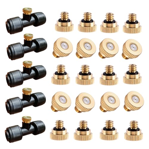 20 Pack Brass Misting Nozzles & 5 Tees - 0.3mm (0.012") Orifice for Outdoor Cooling, Greenhouse Humidification, and Dust Control, 10-24 UNC Thread Garden Mister System Fittings - style: Brass Nozzles (20)+Tee Nozzles(5)