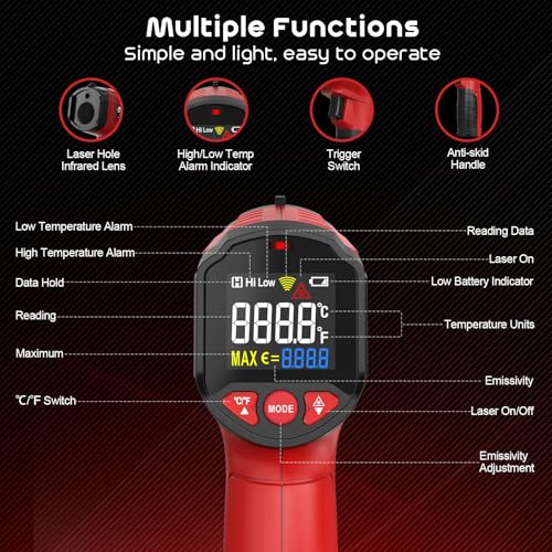 Infrared Thermometer Gun,SQECH Laser Thermometer Gun -58℉～1112℉(-50℃～600℃),Non-Contact Temperature Gun with Adjustable Emissivity&Color Backlight for Cooking, Pizza Oven,BBQ,Fridge,Engine,HVAC(Red) - color: Red(-58℉～1112℉)