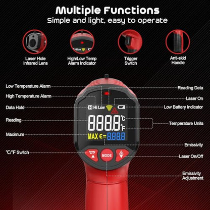 Infrared Thermometer Gun,SQECH Laser Thermometer Gun -58℉～1112℉(-50℃～600℃),Non-Contact Temperature Gun with Adjustable Emissivity&Color Backlight for Cooking, Pizza Oven,BBQ,Fridge,Engine,HVAC(Red) - color: Red(-58℉～1112℉)