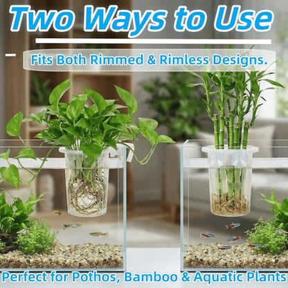 2 Pack Aquarium Plant Holder for Fish Tank with Suction Cup & Ext Hook | Upgraded Large Fish Tank Plant Holder, 0.4"-1.57" Extension Hooks Fit Rimless & Rimmed Tanks, for Aquaponic & Aquascape Decor