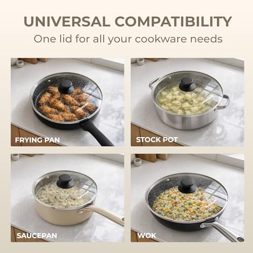 SUNHOUSE 9.5 Inch Pan Lid, Tempered Glass Lid with Heat-Resistant Knob | Clear Replacement Cover for Frying Pans, Pots, Cast Iron Skillet - Stainless Steel Rim - Dishwasher & Oven Safe to 400F - size: 9.5 inch
