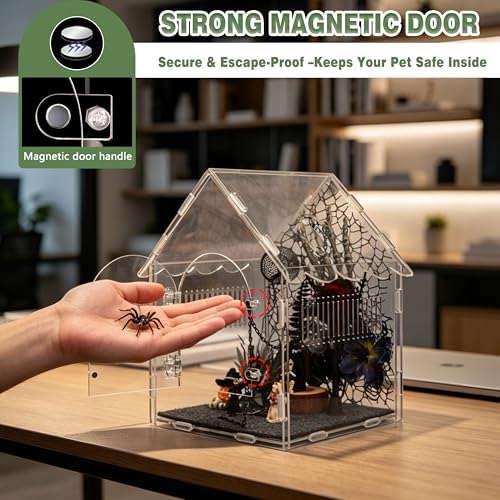 Acrylic Jumping Spider Enclosure with Gothic Decor Kit | 8"x8"x12", magnetic lock, feeding port, climbing wall, hide, plants, and gothic figurines - color: Black-gothic Style