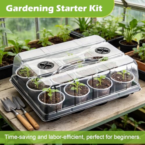 RooTrimmer 5 Pack 12 Cell Nursery Pot Trays with Adjustable Humidity Domes & 4 Inch Clear Pots 60 Pack, Sturdy Seed Starting Kit for Greenhouse Garden, Reusable Plant Growing Germination 5 Sets - color: Black + Clear, size: 4 Inch 60 Pack Pots With 5 Pack