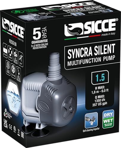 SICCE Syncra Silent 1.5 Multifunction 357 GPH Submersible Water Pump | Italian Made 23W Ultra Quiet Durable Aquarium Fish Tank, Fountain, Pond, Hydroponics, Terrarium Black | Freshwater & Saltwater - size: Syncra Silent 1.5