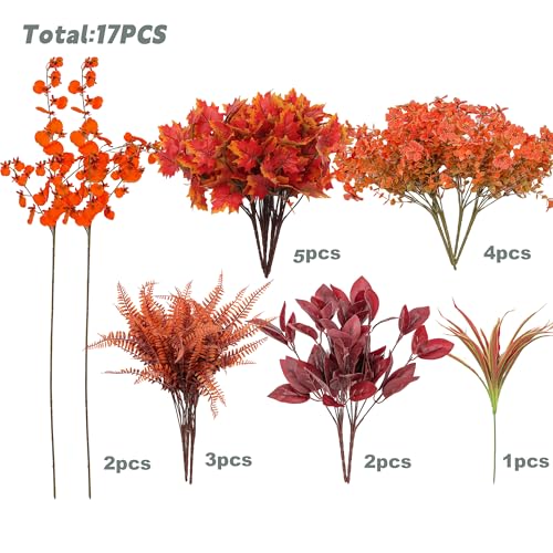 17PCS Artificial Fall Flowers Outdoors, Autumn Faux Orchids & Mums Outside | UV Resistant Artificial Flowers for Outdoors Plant for Garden Patio Porch Thanksgiving Autumn Decor Fall Decorations for Home - color: Orange Orchid