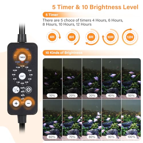hygger Submersible LED Aquarium Light, 14W 15in 24/7 Mode Fish Tank Light with 5 Rows Beads, with Timer 9 Colors and Adjustable Brightness, Full Spectrum IP68 Waterproof Light for Fish Tank 16-27 inch - size: 15in 14W