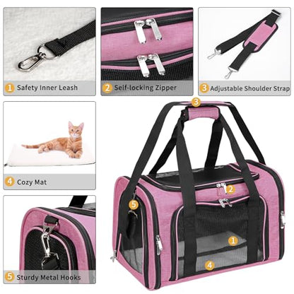 Soft-Sided Cat/Dog/Pet Carrier, Collapsible Pets Travel Carriers | For Big Cats/Small Dogs with Shoulder Strap & Removable Mat, Mesh Puppy Carry Bag, Up to 25 Lbs, TSA Airline Approved (Pink) - color: PINK, size: 20"L x 13"W x 13"H