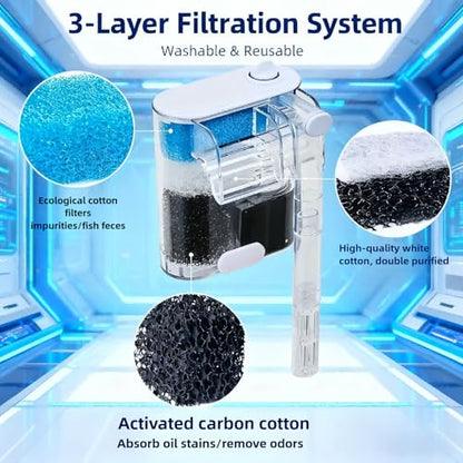 Hang On Back Aquarium Filter for 2–10 Gallon Fish Tank, Ultra Quiet Small Aquarium Filter for Home Use, Adjustable Waterfall Oxygenation, 2.5W USB Powered, Clear Compact Design