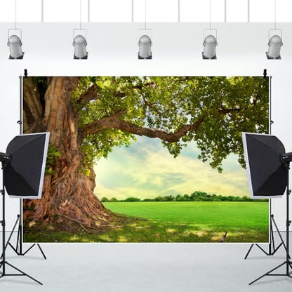 5x3ft Huge Tree Backdrop Rural Field Scenery Photo Props | Spring Summer Natural Countryside Outdoor Fence Decor Picnic Background Wedding Art Portraits Photo, Polyester - size: 5x3ft