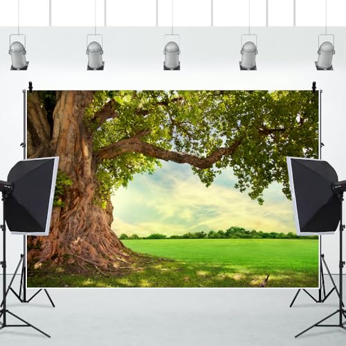 7x5ft Huge Tree Backdrop Rural Field Scenery Photo Props | Spring Summer Natural Countryside Outdoor Fence Decor Picnic Background Wedding Art Portraits Photo, Polyester - size: 7x5ft