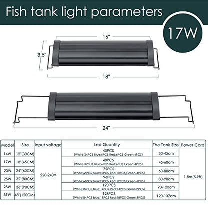 AQQA Aquarium Light,Full Spectrum LED Fish Tank Lights | 12"-54" Adjustable Multi-Color White Blue Red Green LEDs with Extendable Brackets,14W-31W for Freshwater Plants 17W (18"-24") - size: 17W (18"-24")