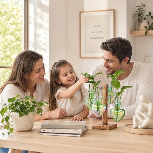 Plant Terrarium Propagation Stations: Green Vase with Wooden Stand | 4 Irised Crystal Glass, Heart Shaped, Home Table Decor, Birthday Gifts for Plant Lovers Women Mom Wife - color: Green