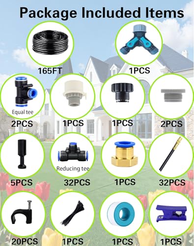 360° Adjustable Drip Irrigation System – Garden Watering Sprinkler System | 12mm Large-Diameter Tubing, Automatic Quick-Connect Misting Sprinkler System for Raised Beds, Lawn, Patio, Yard, Greenhouse - size: 165 FT