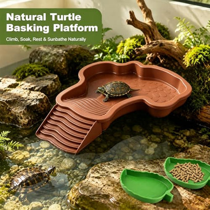 3 Pcs Aquatic & Terrestrial Reptiles Bathing Pool Set, Turtle Water Bowl | Tortoise Water Dish with Removable Ramp and 2 Pcs Feeding Dish - color: Dark Brown【1 x Water Dish, 2 x Feeding Dish】
