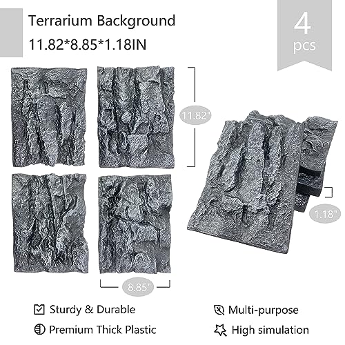 4pcs Rock Terrarium Background,3D Reptile Tank Background Board,Amphibian Stereo Backdrop Wall,Lizard Snake Gecko Spider Chameleon Turtle Fish pet silo Background Decorative Panel - color: grey-11.8"*8.8"（4pcs）