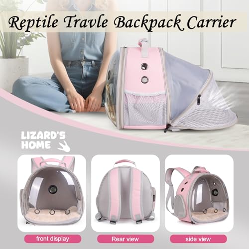 Back Extention Bearded Dragon Travel Backpack Carrier with Reptile Thermometer and Humidity Gauge Lizard Travel Cage Space Capsule Clear Bubble Window Astronaut Reptile Carrier Bag for Ball Python - color: Pink