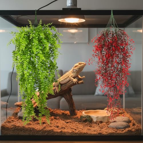 PINVNBY 2 Pack Reptile Plants Terrarium Hanging Fake Vines with Suction Cup Artificial Leaves for Bearded Dragons Lizards Geckos Snake Hermit Crab (Red and Green) - color: 2 Pcs ( Red and Green )