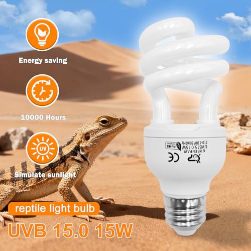 UVB Reptile Light, 15.0 15W UVA UVB Light for Reptiles, Spiral Compact Fluorescent UVB Bulb for Desert Reptiles and Amphibians - size: 5.5 in 15.0