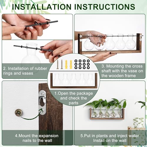 YIBOT Wall Hanging Glass Planter Plant Propagation Vase-5 Bulb Glass Vases | Plant Terrarium with Wooden Stand,Indoor Home Office Living Room Decor Gifts - size: 5Bulb-M