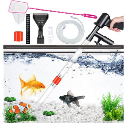 Aquarium Gravel Cleaner Siphon Fish Tank Vacuum Cleaner for Absorb Dirt Wash Sand Algae Scrapers Water Changer Gravel Washer Aquarium Thermometers Fish Net kit for Fish Tank Cleaning Gravel and Sand - size: Upgraded version 09G