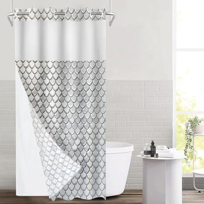 Snake Scale No Hooks Shower Curtain with Snap in Liner Set, Gray Fish Scale Pattern Tub Curtainn Mesh Top Window & Magnetic Hem Waterproof 35.5X74 Inch - color: Snake Scale 1 White03, size: 35.4"W x 74"L (Pack of 1)