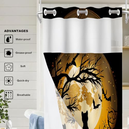 Happy Halloween Funny No Hooks Shower Curtain with Snap in Liner Set, Black Cat Moon Bat Tree Tub Curtainn Mesh Top Window & Magnetic Hem Waterproof 35.5X74 Inch - color: Black Happy Halloween Funny64, size: 35.4"W x 74"L (Pack of 1)