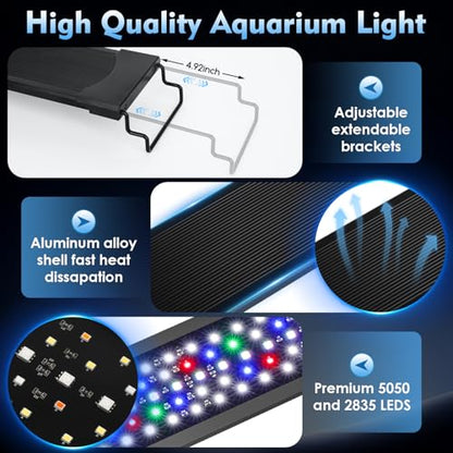 AQQA LED Aquarium Light, 24/7 Mode High Lumen Full Spectrum Fish Tank Light | DIY Mode, Adjustable Timer/Brightness, Extendable Bracket, Memory Function, IP68 Waterproof, Fits for 12–18 Inch Tanks - size: For 12'' - 18'' Tank