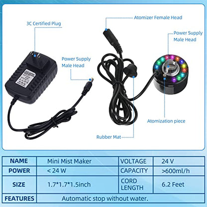 2 Pcs Mist Maker Fogger Small Ultrasonic Fog Machine Fountain Halloween Cauldron Mister Fogger Water Garden Pond Foggers Air Humidifier with 12 LED Light Flashes for Party (Light, Plastic)