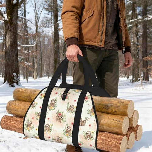 AMRANDOM Firewood Carrier Bag with Handles Log Holder Foldable & Waterproof for Fireplace, BBQ, Camping, Garden (Cute Sloth Dont Hurry Be Happy) - color: Color1025